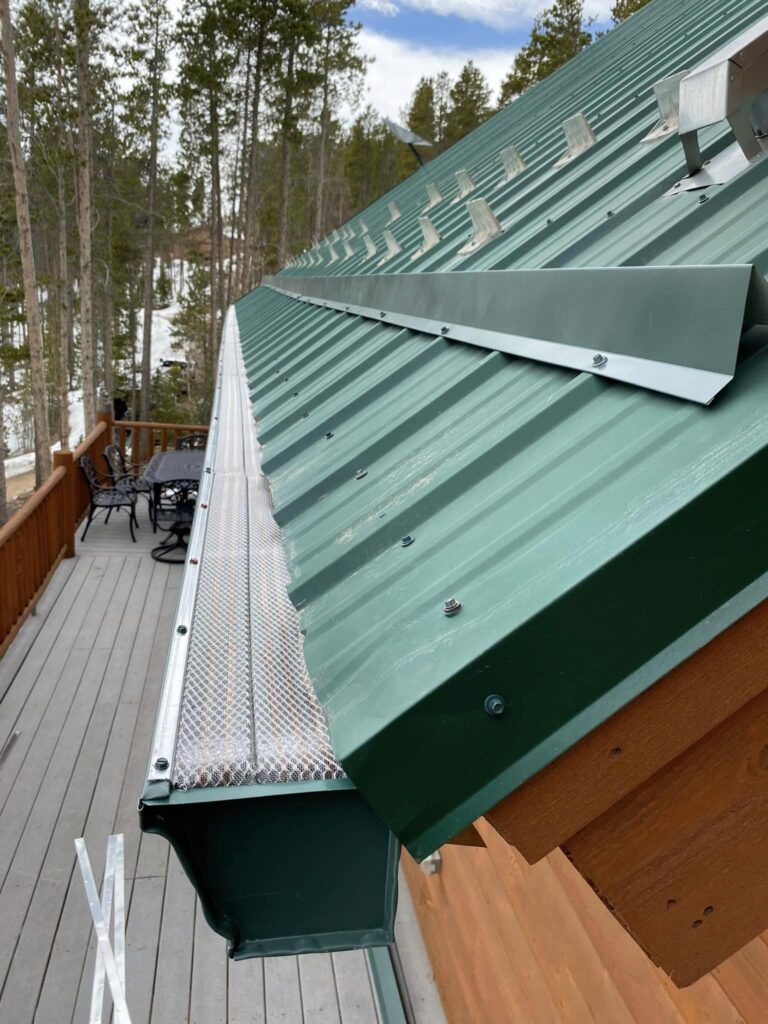 Rows of snow guards on a green metal roof above a gutter fitted with a mesh gutter guard